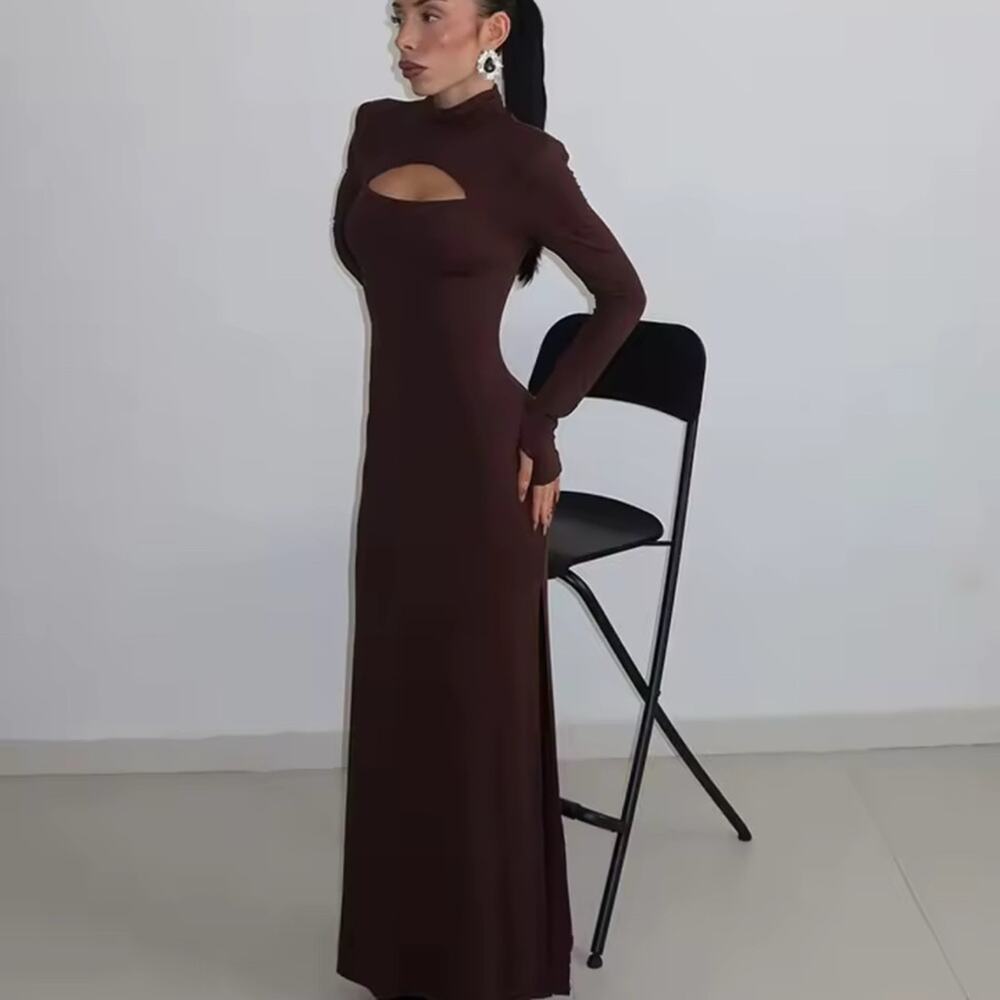 Long Sleeve Cutout Maxi Dress in Dark Brown - Picture 2 of 5